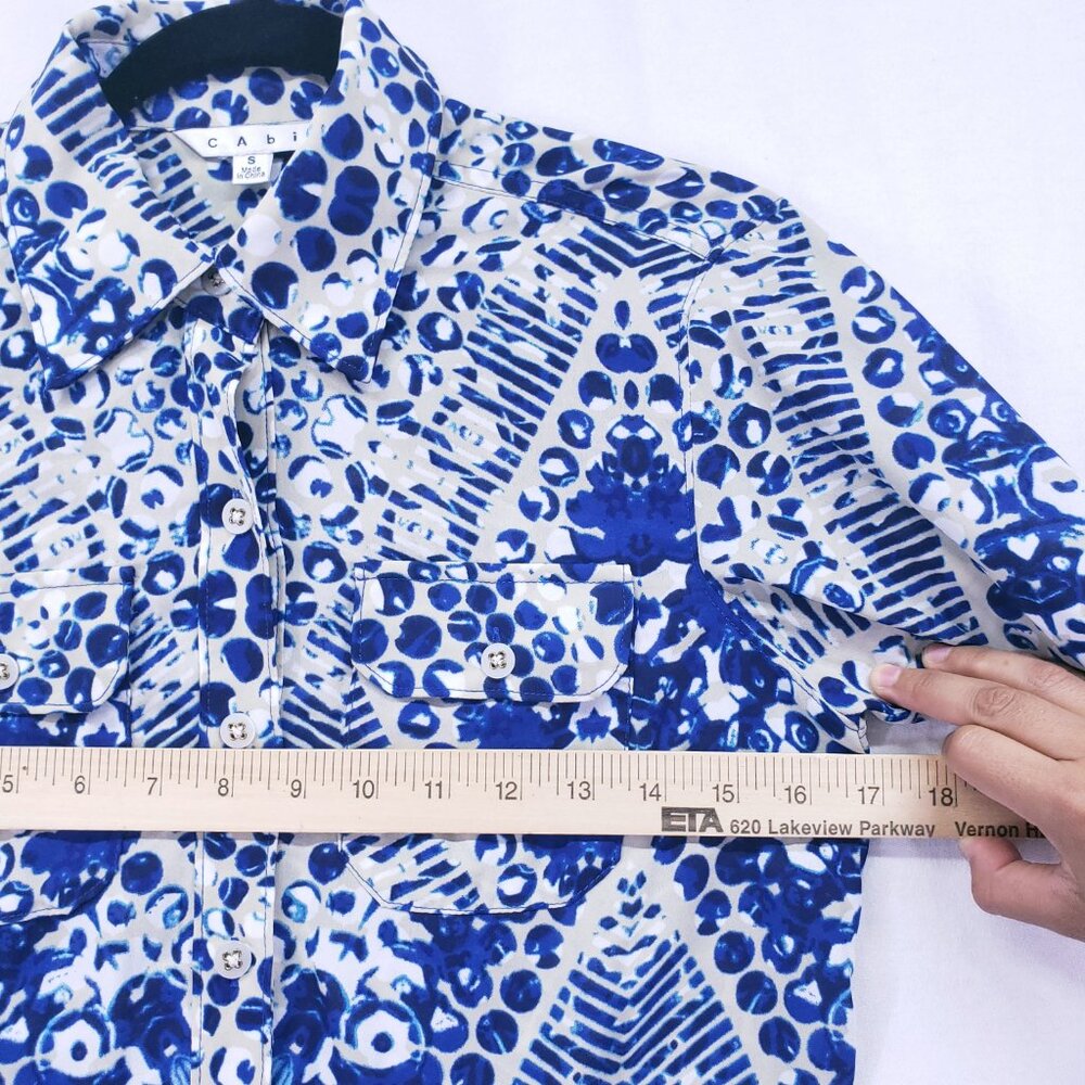 Cabi Blue & White Abstract Print Button Down Short Jewel Shirt Dress Size S - Picture 5 of 16